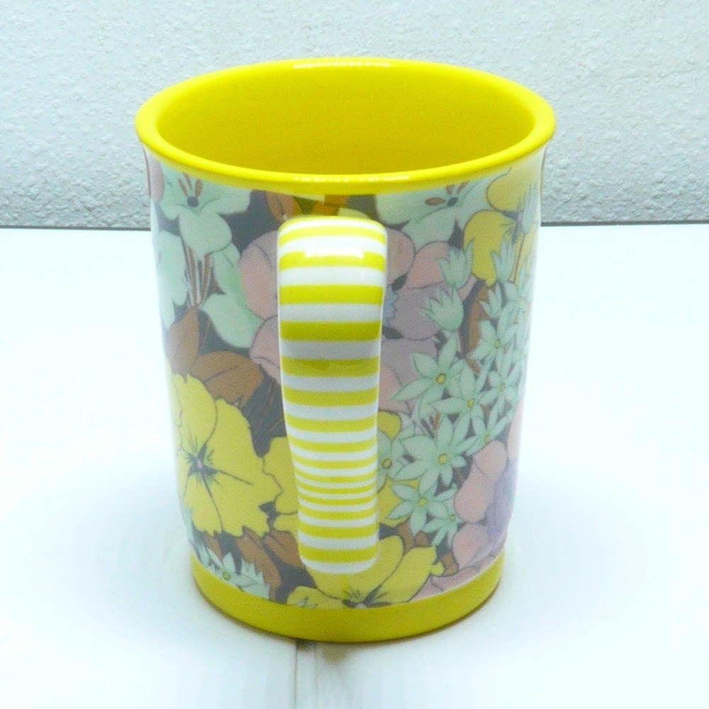 Anthropologie Floral Coffee Mug Yellow Striped Handle Boho Botanical Ceramic Cup - Picture 2 of 5